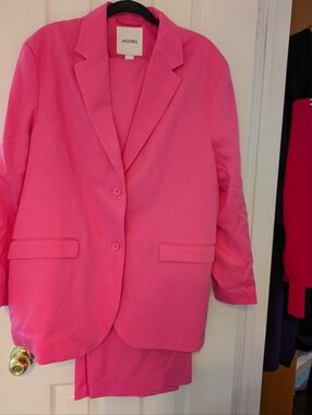 Monki Vibrant Pink Tailored Blazer And Wide Pants Set